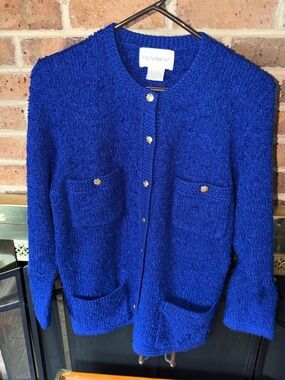 VINTAGE LADIES MEDIUM ROYAL BLUE TANNER CARDIGAN SWEATER